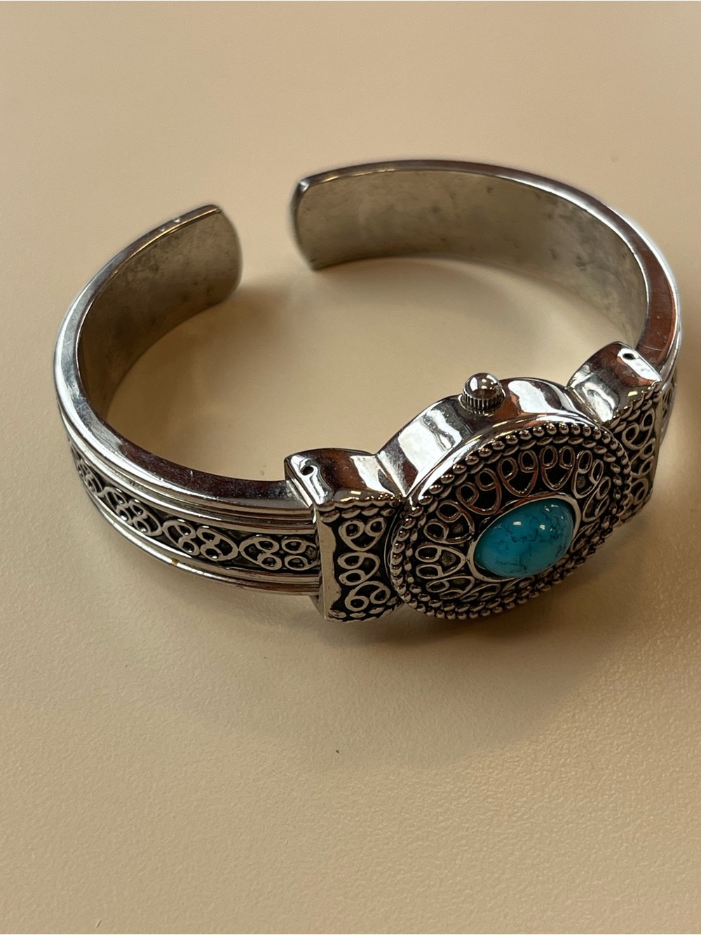 TCY Women's Japan Quartz Watch Silver Covered Oval Cuff Bangle Turquoise